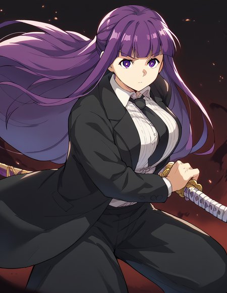 score_9, score_8_up, score_7_up, source_anime, <lora:fern-s1-ponyxl-lora-nochekaiser:1>, fern, long hair, bangs, purple eyes, purple hair, sidelocks, blunt bangs, bright pupils, half updo, large breasts, <lora:battoujutsu-stance-ponyxl-lora-nochekaiser:1>, battoujutsu stance, looking at viewer, holding, weapon, sword, holding weapon, holding sword, standing, katana, sheath, sheathed, fighting stance, ready to draw, shirt, long sleeves, jacket, white shirt, necktie, collared shirt, pants, black jacket, floating hair, black pants, formal, suit, black necktie, black suit, pant suit,,