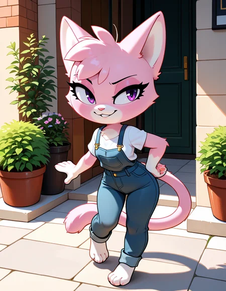 masterpiece, best quality, very aesthetic, absurdres,
outdoors, casual, 
full body, standing, posing,
seductive smile, parted lips, long eyelashes,
 <lora:Jana_v01_NAIXL:1>
J4n4,1girl,solo,furry,furry female,cat girl,cat ears,purple eyes,animal nose,body fur,two-tone fur,pink fur,white fur,cat tail,