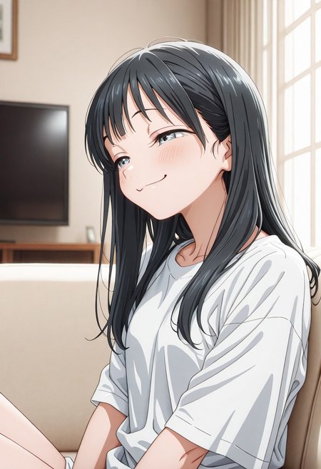side angle, solo, woman, komichi_akebi, black hair, plain white loose t-shirt, smug face, sitting, sofa, room, indoor, high quality, best quality, masterpiece, 4k resolution, anime