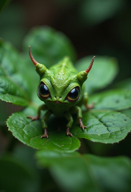 cinematic film still Extraordinary portrait of microscopic unknown little small adorable alien species over green leaf style of high alien fashion professional photography, 8k, beauty . shallow depth of field, vignette, highly detailed, high budget, bokeh, cinemascope, moody, epic, gorgeous, film grain, grainy