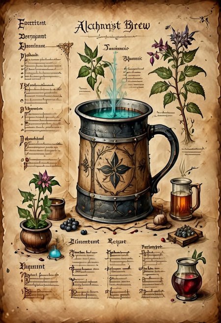 illustrated medieval recipe of alchemist brew made with occult ingredients and demonic plants, on parchment with scratches, intricate details, muted colors, high resolution