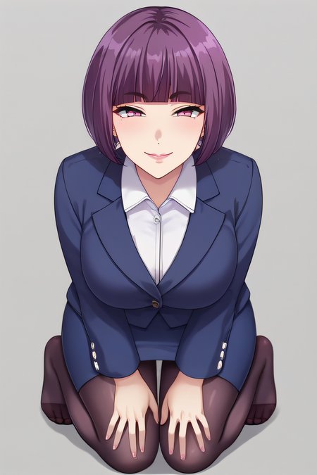 score_9, score_8_up, score_7_up, source_anime, rating_safe, intricate details, anime screencap, official style, <lora:Itsuki_Shima:1>, shima, bob cut, short hair, pink eyes, purple hair, large breasts, blue jacket, blue skirt, white shirt, office lady, black pantyhose, simple background, looking at viewer, naugthy face, smile, blush, half-closed eyes, full body, feet, kneeling, hands on knees