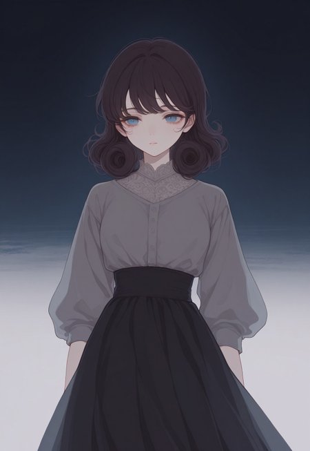 solo, ethereal, detailed, contemplative, 

1girl, blue eyes, short (curly:1.2) brown hair, grey blouse, dark long skirt,

(748cmstyle:1.3) 

masterpiece,best quality,amazing quality, detailed, 
