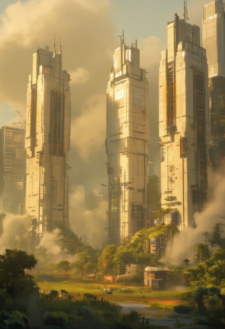 OBweilai, in the style of ck-sfc, a sustainable, green energy futuristic city, with tall solar-powered sjyscrapers and sustainable apartment blocks made from ceramics and marble, situated next to a verdant valley, misty, sunset