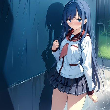 (masterpiece),(best quality),(ultra-detailed),(best illustration),(best shadow),(absurdres),(detailed background),(very aesthetic), Natsuki Kuga, casualoutfit, 1girl, long hair, school uniform, tears, blue hair, blue eyes, rain, <lora:NatsukiKugav1:1>