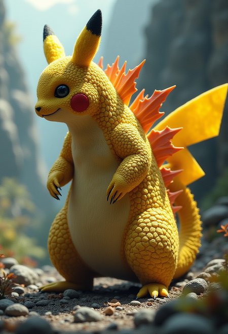 solo, realistic rat lizard mixture, (Pikachu:0.5)(godzilla:0.6), novuschroma15 style, art deco, best quality, highly detailed, 4k, giant Pikachu in shape of Godzilla