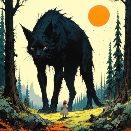 The image is an hand-drawn illustration of a giant black cat with large orange eyes standing in a forest. The cat is facing towards the right side of the image, with its head turned towards the viewer. The background is filled with tall trees and shrubs, and there is a large orange sun in the top right corner. The sky is a pale yellow color, and a few birds can be seen flying in the distance. In front of the cat, there are two small people, one wearing a red hat and the other wearing a white dress, standing on a hill. The overall mood of the illustration is peaceful and serene. artwork drawing