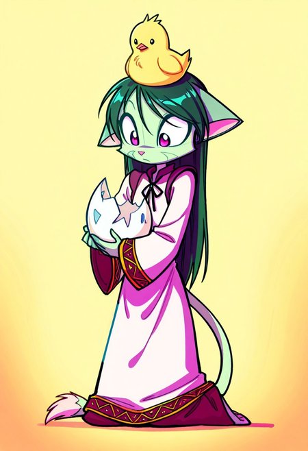score_9, score_8_up, score_7_up,lilith_calah,
1girl,solo,furry,tail,dark green hair, source_furry,
 ,<lora:lilith_calah_illustrious:0.8>,
child, kid,
masterpiece, best quality,  A chick with an eggshell on its head. Its head is tilted...