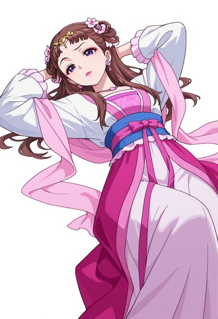 Smooth Quality,masterpiece,very intricate, high quality details, ultra realistic, high detailed skin,detailed enviorement,absurdres,
partially undressed, 
 <lora:Lishu_CNR:0.8> lishu_cnr,brown hair, long hair, purple eyes, makeup, lipstick, lishu_pink_cnr,hanfu, dress, long sleeves, sash, shawl, circlet, flower earrings, necklace,hair flower, hair rings, hair bun,, simple background, white background, dutch angle,
lying down, hands behind head, one knee bent, relaxed expression, casual vibe,  ,raised eyebrow,