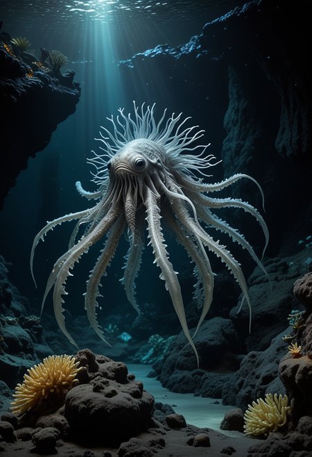 (medium full shot) of (mystical silver aquatic creature) with smooth skin, armored plates, webbed limbs, extra eyes on the sides, seaweed-like fronds, phosphorescent spots, sea anemones, set in  an underwater volcano, with glowing lava, dark waters, strange rock formations, eerie glow, at night, Masterpiece,best quality, photo, realistic, very aesthetic,