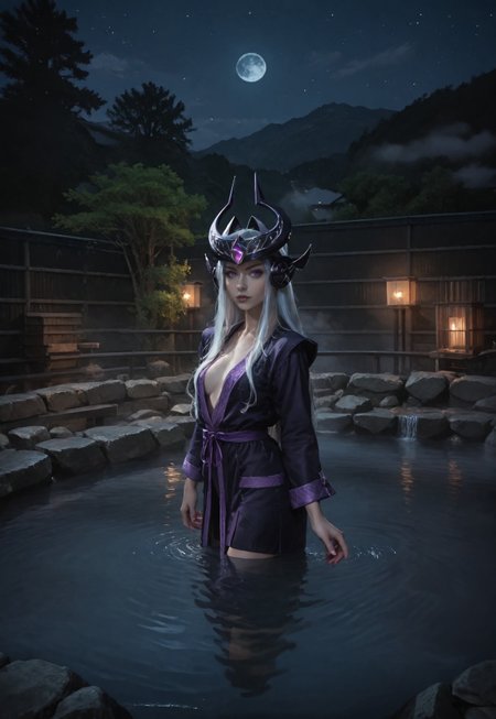 safe_pos, score_9, score_8_up, score_7_up, score_6_up, rating_explicit, score_9, score_8_up, score_7_up, a beautiful girl, (only wears a purple silk bathrobe) subsurface scattering, Photorealistic, Hyperrealistic, analog style, realistic, film photography, soft lighting, photo, cinematography, high resolution, 8k, syndra, white hair, purple eyes, night view, full moon, ruanyi0653,onsen,fence,rock,water,fog, seducting look