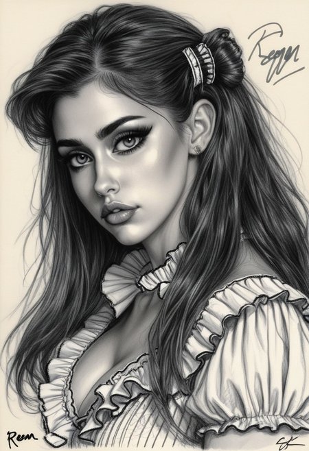 Sketch of a beautiful busty girl R33M with hairclip and ruffle shirt, long wavy hair, illustrative art, detailed, elegant