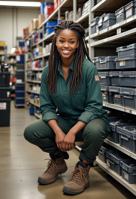 (medium full shot) of (rugged mechanic) young woman, african, dark skin, black eyes, curvy build, long dark dreadlocks hair,  wearing a dark green flannel shirt,rugged pants,safety shoes, holding a rag, dirty with oil and grease, set in  Dealership Parts Department, well-organized space with shelves of car parts, a counter for customer service, a computer for parts lookup, bins of smaller items, a display of car accessories, woman laughing, squatting, Masterpiece,best quality, photorealistic, amazing quality, very aesthetic, extremely detailed face,