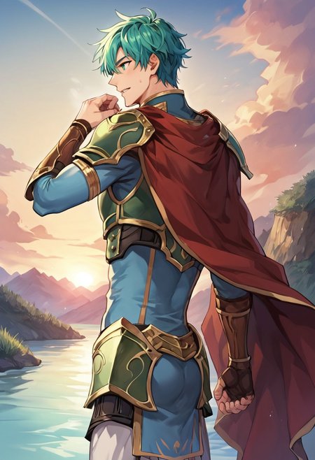 score_9, score_8_up, score_7_up, (best-quality: 1.5), male focus, high quality CG, side view, 3/4 body, ephraimFE, blue-green hair, blue-green eyes, sweat, 1boy, solo, male focus, anime, 2d, cel shading, sunset, golden hour, high quality cg, handsome, mature, perfect anatomy, perfect proportions, athletic build, masculine jaw, muscular, outside, river, standing on river bank, armor, cape