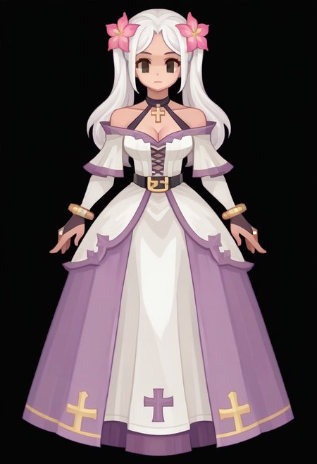 (Black background) long hair, white hair, twin tails, hair flower, pink flower, brown eyes, halter neck, long dress, white dress, off-shoulder dress, cross-laced dress, black gloves, bridal gauntlets, overskirt, purple skirt, black belt, bracelet, bare shoulders, collarbone, cleavage, afkArenaStyle, Ragnarok online character, Black filled oval eyes, ROSPRITE