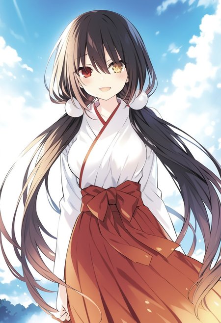 8k, highres,novel illustration,best quality, masterpiece, highly detailed,1girl,solo,date a live,tsunako,tokisaki kurumi,long hair,black hair,twintails,low twintails, heterochromia,clock eyes,symbol-shaped pupils,yellow left eye, red right eye, breasts,medium breasts, floating_hair, 
jyojifuku, miko, red hakama,
smile, open mouth, standing,  looking at viewer, outdoors,