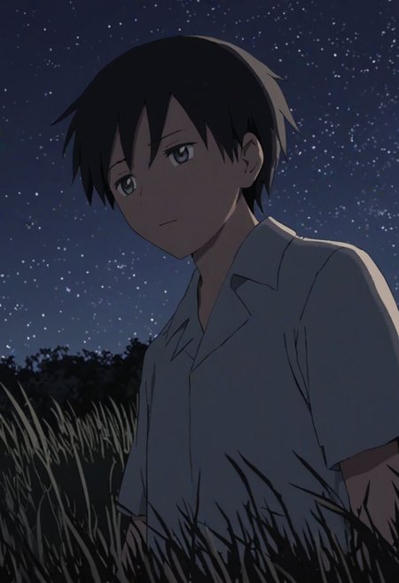 Highres, Masterpiece, High Quality, 4K, 8K, solo, 1Boy, Takaki Toono, adult, black hair, short hair, grassland, no light pollution, bush, nature, calm, peaceful, night breeze, breeze, awe, dim, easynegative, detailed_eye_model