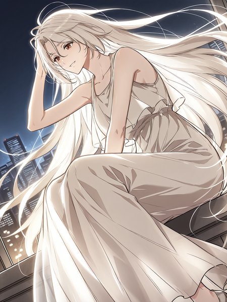 <lora:Omniscient_Readers_Viewpoint__Shin_Yoosung_adult:1>
1girl, solo, very long hair, white hair, straight hair, parted bangs, hair between eyes, red brown eyes,
white dress, flowing dress, layered dress, sleeveless dress, ankle length dress, soft fabric, ethereal look,
score_9, score_8_up, score_7_up, very aesthetic, source_anime, detailed, high quality, beautiful, masterpiece, detailed eyes, night, illuminated city background, blurry background, cityscape, pose dynamic angle, light smile, open mouth, hand on hair, sitting