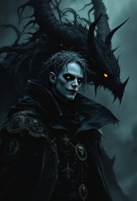A captivating dark fantasy illustration featuring a soul-bound warlock with an androgynous appearance, drawing inspiration from the distinct styles of Anato Finnstark and Greg Rutkowski. The gaunt figure has hollow eyes, pale skin, matted hair, and a sinister smile, exuding an aura of inner turmoil. Clad in an ornate, dark robe adorned with occult symbols, the warlock demonstrates a deep connection to dark magic. A demonic entity looms behind them, possessing sharp, menacing features and glowing eyes. The tense, foreboding atmosphere captures the essence of a dark pact and cinematically conveys the turmoil within the warlock's soul., conceptual art, cinematic, dark fantasy