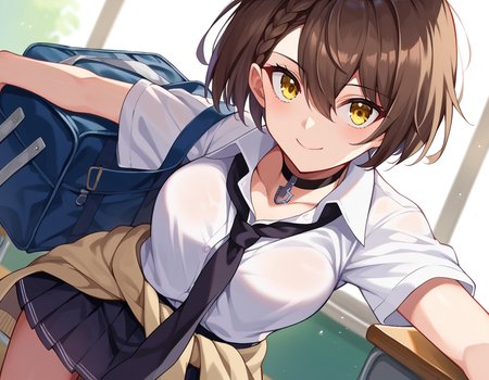 score_9, score_8_up, score_7_up, source_anime,
azurlanebaltimore, <lora:azur-lane-baltimore-ponyxl-lora-nochekaiser:1>,
baltimore, brown hair, yellow eyes, braid, ahoge, short hair, french braid, hair between eyes, bob cut,
beige cardigan, beige sweater, black choker, black necktie, black skirt, cardigan, cardigan around waist, choker, clothes around waist, collared shirt, loose necktie, necktie, official alternate costume, school bag, shirt, shirt tucked in, short sleeves, skirt, sweater, sweater around waist, tied sweater, white shirt,
indoors, classroom, bent over, smile,
looking at viewer, cowboy shot, dutch angle,