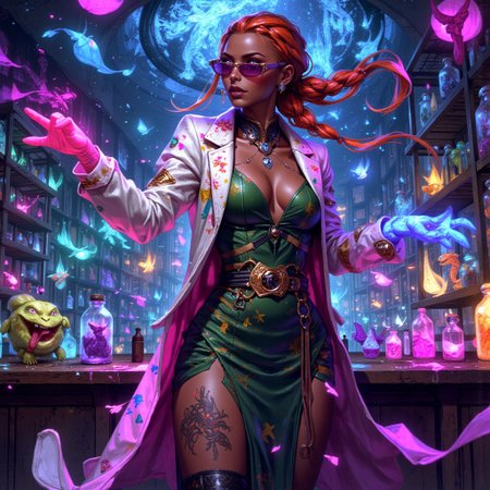 "Create a realistic picture full of colors, like a twisted rainbow image of an elegant and observant mad scientist with dark black skin and long orange braids, cleavage, tattooed muscular thigh. She wears tinted glasses, a colorfully stained white lab coat, and a fitted green dress that hints at her personal style beneath the professional exterior. She studies various fantasy and mythical creatures, the creatures and specimens are kept in glass jars and wooden cages, laboratory setting, cyberpunk, mythp0rt, MothFX
