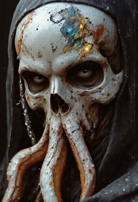 An extreme close-up Closeup of the nun’s face, framed by the intense, gritty realism of an old analog camera. The mechanical Skull octopus hknuns nun wears a detailed, ancient silver mask, its surface weathered and battle-scarred, yet intricately adorned with delicate engravings. The mask reflects the faint glow of divine energy, with radiant golden and white light flickering across its surface, A powerful nun iconic one from Final Fantasy. The scene is set during an eerie sundawn, where swirling dust and wind cause her translucent nun's habit to billow dramatically. a gritty, ominous vibe. The sun's orange and gray hues blend into the sky as her tattered habit flutters. The atmosphere is cinematic, with hyper-realistic detail, soft shadows, and an intense, otherworldly mood in a desolate desert landscape. Moody Closeup Portrait, feudal Silk Road style, amazing quality, masterpiece, best quality, hyper detailed, ultra detailed, UHD, dof, hyper-realism, majestic, awesome, inspiring. Her torn nun's habit glowing dress flap in the breeze, exuding a laid-back yet dangerous vibe. The photo features faded colors, with a limited palette of gray, beige, and washed-out orange, capturing her cool, striking appearance.. cinematic composition, soft shadows, national geographic style, mythp0rt