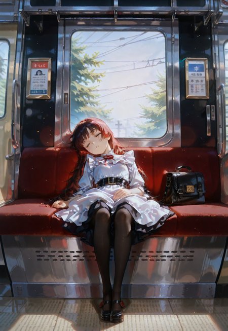 masterpiece,best quality,amazing quality,very aesthetic,absurdres,ultra detailed face,solo,(by morikura en:0.8), (by rappa (rappaya):0.5), gokou ruri, suzukasuraimu, long hair, 3d, subtle details, lens flare, highly detailed skin,light particles, serene atmosphere, huge filesize, accurate anatomy, 

dawn, inside japanese train, Japanese train interior, sitting, sleeping, Japanese train window, japanese train door, light breaking on the glass, light ray, dim, dark, frills, dress, dark red mary janes with a thick heel held on her feet by one black buckle, stockings, slumped black bag,

detailed background, cute, depth of field,