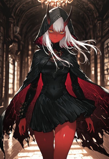 masterpiece, amazing quality, best quality, ultra-detailed, 8K, illustrating, CG, bioluminescent skin, ultra-detailed-eyes, detailed background, cute girl, eyelashes, lowlight
BREAK
sexy, slutty, hot, aroused, 
Aka-Oni, oni, colored skin, red skin, smooth horns, black horns
BREAK
(EyesHD:1.2), (4k,8k,Ultra HD), masterpiece, best quality, ultra-detailed, very aesthetic, sharp focus, depth of field, ray tracing, best lighting, detailed illustration, detailed background, cinematic, beautiful face, beautiful eyes, 
BREAK
detailed background, eyelashes, erotic, looking seductive, coy. dynamic action image, detailed face, detailed eyes, direct mesmerizing gaze, 
BREAK
blood, closed mouth, covered eyes, dress, floating hair, hooded cloak, long hair, long sleeves, looking at viewer,