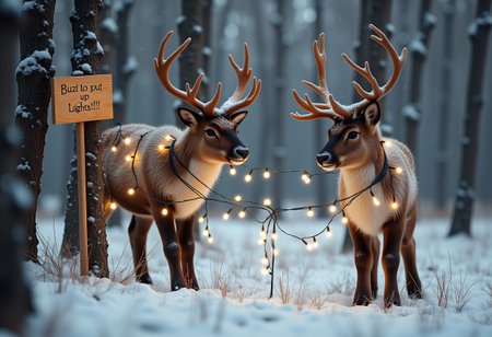 Christmas reindeer putting up strings of lights on trees, one deer looking confused and wrapped in a strig of Christmas lights, ((A sign says "Buzz to put up Lights!!") outside, snowy meadow, snow covered trees in the background, glittery frost and ice, cheerful, magical, detailed fur,
high resolution, detailed, 4k, realism, rule of thirds, golden ratio, depth of field,