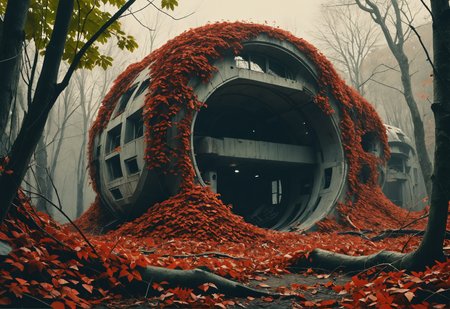 1970s colored, grainy photo,eerie, broke environmental structures curled with red ivy , robotics, photography, cinematic shot,  minimalistic background, bold lines,poster, intricate,artstation, <lora:add-detail-xl:1>