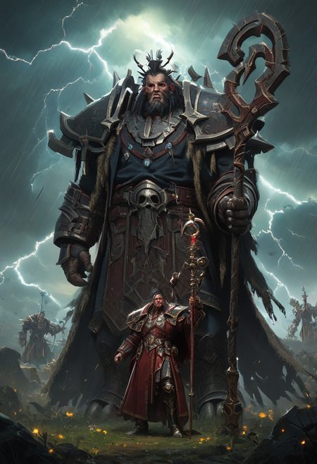 score_9,score_8_up,score_7_up,score_6_up, a nqstrman man in a black and red outfit holding а staff raised above his head Standing in a field in front of hordes of monsters, his long coat billowing when lightning strikes at the his staff. A storm through which faces are guessedgods,ng_deepnegative_v1_75t