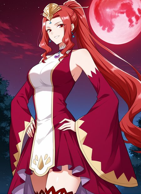 <lora:Cao_Ying__Battle_Through_the_Heavens__Illustrious:1>
1girl, solo, red eyes, sharp eyes, long hair, high ponytail, red hair, ahoge, hair ribbon, hair ornament, wavy hair, sidelocks, anime style, 
fantasy outfit, ornate dress, sleeveless dress, off shoulder, high collar, flared sleeves, asymmetrical skirt, short dress, wide sleeves, detached sleeves, red sleeves, red thighhighs, thigh boots, red boots, fantasy outfit, ornate dress, gemstone necklace, tiara,forehead jewel, earrings, elegant, royal, fantasy girl, 
score_9, score_8_up, score_7_up, very aesthetic, source_anime, detailed, high quality, beautiful, masterpiece, very aesthetic, high definition, amazing quality, highres, absurdres, outdoors, looking at viewer, smile, grin, hands on hips, night, red moon