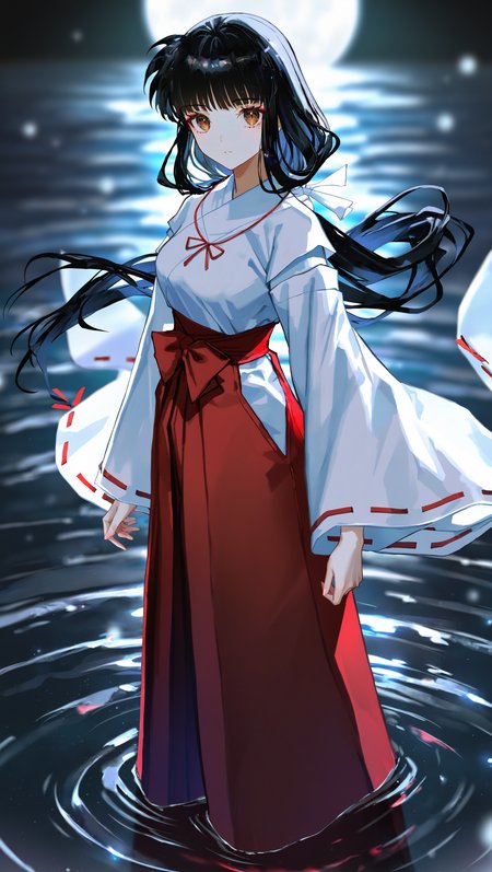 (artist:[diyokama|fuzichoco|yoneyama mai|lam \(ramdayo\)|quasarcake]:0.8), (takahashi rumiko \(style\):1.2),
kikyou \(inuyasha\), 1girl, miko, solo, black hair, red hakama, water, wide sleeves, ribbon-trimmed sleeves, wading, closed mouth, long sleeves, standing, night, hakama skirt, white kimono, looking at viewer, ripples, very long hair,
dark, backlighting, depth of field, dutch angle,
masterpiece, best quality, very awa, absurdres
<lora:noobai_vpred_1_inuyasha_v1:1>
<lora:noobai_vpred_1_masterpieces_v1:1>