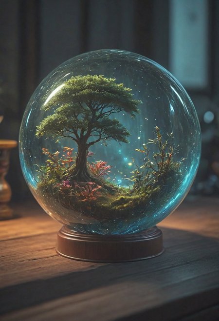 photography,(vibrant colors:0.8),
a fantastic landscape at night covered in magical plantlife, everthing contained in a glass sphere sitting on a desk, desk, 
(quantum waveform:0.7)