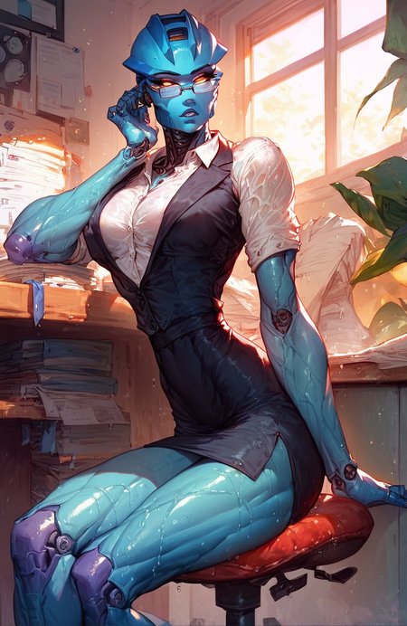score_9, score_8_up, score_7_up
beautiful muscular gali, robot, 
looking at viewer, head turn,
1girl, tight clothes, sitting, narrow waist, long and slender body, shiny body, medium breasts,
(muscular legs:1.3), veins, soaked, wet, 
office suit, office background, horny,  skirt, pantynose, glasses, 
<lora:cutesexyronutts_style_xl:0.5>
 <lora:Gali_Nuva:1> <lora:Fant5yP0ny:0.5>