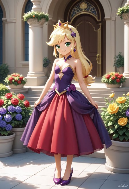 score_9, score_8_up, score_7_up, score_6_up, source_cartoon, rating_safe, My Little Pony Equestria Girls, very young little human girl Applejack wearing a fit green|brown|darkpurple|wine|red gradients colors short princess dress, elegant detailed princess shoes, solo, 1girl, little princess girl, gradient golden blond hair with crown hairband, smile, childhood, looking at viewer, glow detailed eyes, garden of canterlot, tul, chiffon, laces, semi realistic cartoon, unreal engine 5,  full body close-up, absurdres, digital art, soft light, perfect hands, perfect, hands, perfection, soft orange skin, green eyes, apples accesories and shoes, jewelery, tres chic,<lora:age_slider_v4:-4>,