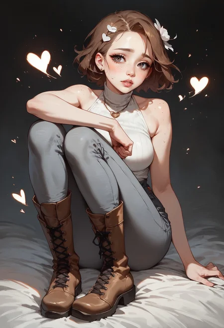 score_9, score_8_up, score_7_up,  1girl, full body, sitting, grey pants, brown boots, leather boots, solo, expressive, hearts, dynamic, brown hair, short hair, brown eyes, pale skin girl, pale skin, freckles, turtleneck, bare shoulders, blush, white tulip hair ornament, looking_longingly, seductive, sexy_woman, black background  <lora:sdxl/Expressive_H-000001:0.8> <lora:sdxl/pony_twilight_style:0.8>