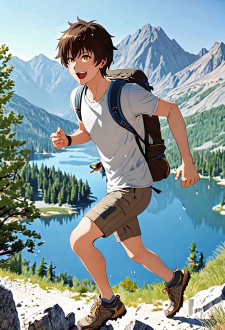 Highres, Masterpiece, High Quality, 4K, 8K, solo, 1Boy, Seiya Kanie, short dark brown hair, golden eyes, hiking gear, mountains, lakes, hiking trails, hot sun, hot weather, cool breeze, excited, stepping, happy, amazed, sweat drops, trees, rocks, easynegative, detailed_eye_model