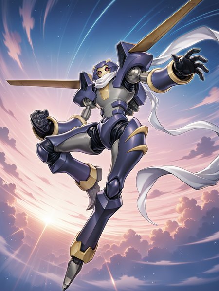 junk warrior,no humans,robot,white scarf,solo,full body,looking at viewer,brass knuckles,flying,from below,official art,leg up,flying,sky,
masterpiece,best quality,amazing quality,very aesthetic,absurdres,newest,<lora:Junk Warrior illuXL v1:0.75>,