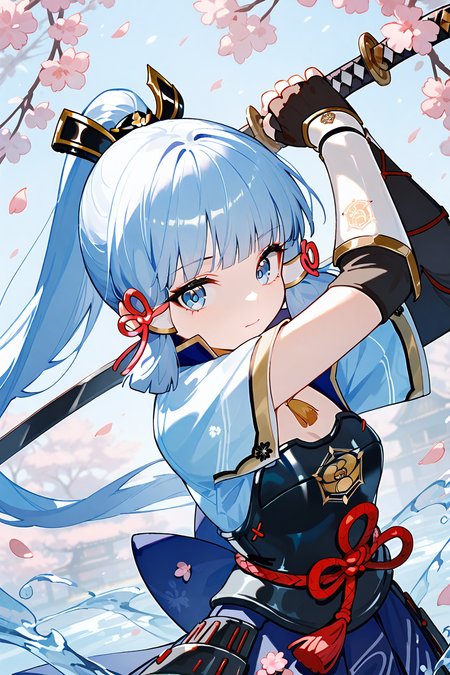 (score_9,score_8_up,score_7_up),<lora:Kamisato Ayaka(Genshin Impact)-v1:1>,Kamisato Ayaka(Genshin Impact),1girl,kamisato ayaka,solo,weapon,sword,blue eyes,holding,armor,ponytail,holding weapon,holding sword,bangs,long hair,ribbon,hair ribbon,blunt bangs,water,gloves,looking at viewer,hair ornament,breastplate,arm guards,blue hair,sidelocks,mole under eye,black gloves,mole,petals,tassel,closed mouth,light blue hair,japanese armor,tress ribbon,red ribbon,japanese clothes,fingerless gloves,arms up,short sleeves,skirt,blue skirt,cherry blossoms,armored dress,vambraces,upper body,katana,
NSFW,expressive,amazing quality,ultra hd 32k,