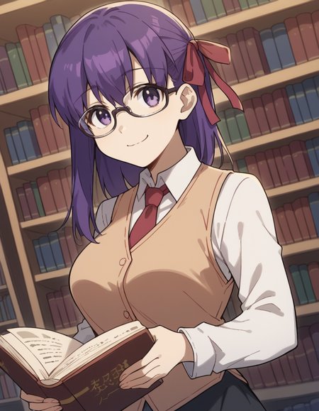 score_9, score_8_up, score_7_up, source_anime, <lora:carnivalphantasm-sakura-matou-ova-ponyxl-lora-nochekaiser:1>, sakura matou, long hair, purple eyes, purple hair, ribbon, hair ribbon, red ribbon, large breasts,, shirt, white shirt, collared shirt, long sleeves, neckertie, red neckertie, vest, light brown vest, skirt, black skirt,, library, reading books, glasses, quiet, focused, shelves of books, smile, looking at viewer, smug, solo,, dutch angle, cowboy shot