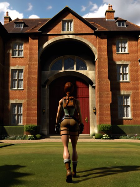 <lora:TR3D:1>, TR3D, 3D render of Lara Croft at her manor in England, mansion, red brick walls, fountain, grass, trees, facing away, back turned, high resolution, subsurface scattering, raytracing