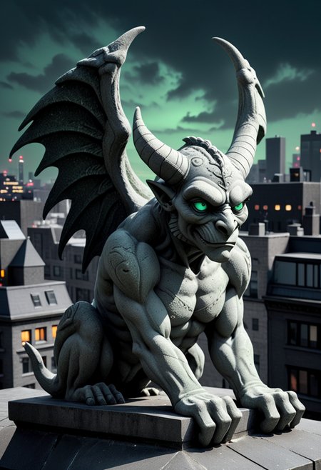 (medium full shot) of (grim granite grey moss-covered stone gargoyle) with perched body, majestic wings, mint green eyes, curved horns, runic engravings, set in  a dark city rooftop, featuring shadowy corners, flickering neon lights, a sense of mystery , ,Masterpiece,best quality, raw photo, realistic, very aesthetic