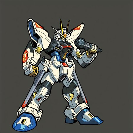 solo, holding microphone, standing, full body, source_cartoon, score_9, score_8_up, score_7_up, GUNDAMSTRIKEFREEDOM,MECHA,ROBOT,SOLO,V-FIN,MOBILE SUIT,yellow EYES,(NO HUMANs:1.1), simple background