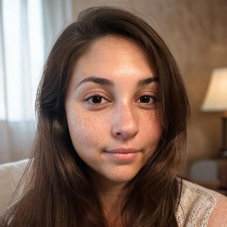<lora:k_lora:.7 > A highly detailed, photorealistic close-up portrait of a woman with neutral expression, looking directly at the camera. She has smooth, fair skin with soft natural texture, light freckles across her cheeks and nose, deep brown almond-shaped eyes with long natural lashes, and subtly arched, dark eyebrows. Her lips are full with a natural pink tone, gently closed, and slightly relaxed. She wears a small silver hoop nose ring in her left nostril. Her medium-length dark brown hair is parted to the side, framing her face, with soft waves and a subtle auburn tint under indoor lighting. Her left hand rests on her cheek, showing a wedding ring with a large central stone and detailed silver band. Captured indoors under diffused soft light, with shallow depth of field and warm tones. Natural lighting, DSLR portrait style, 85mm lens, f/1.8 aperture, high-resolution, realistic facial proportions, no makeup, clean and unfiltered look, soft shadows and smooth bokeh in the background.
