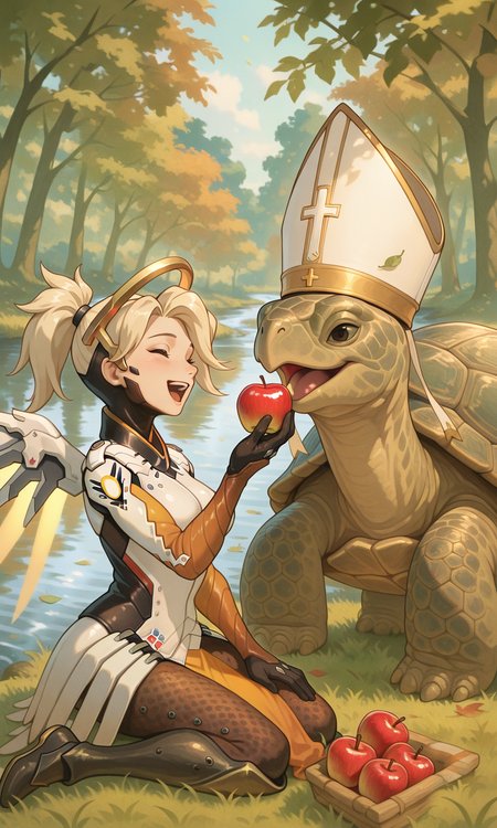 embedding:IllusP0s, turtle pope, mercy_\(overwatch\), 1girl, sitting, laughing, holding apple, feeding, outdoors, grass, river, trees, leaves,<lora:turtle_pope_r1.safetensors:1.0:1.0>