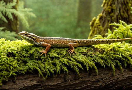Cinematic, Cinematic Lighting, Cinematic Shot, extremely detailed, Film Still, macro photography, depth of field,  high detail, hires textures, incredibly detailed, intricate details, intricate diorama, masterpiece, Movie Still, outstanding intricacies, photorealism, true masterpiece, fountain background, glamourous, Stately, lizard, skink, cry5t415ku11, Pleocoma badia, Pacific Northwest conifer forest, sitting beneath a rotten log with mold and moss.