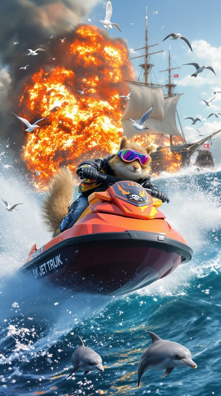 A squirrel absolutely dominating on a jet ski, mid-air off a massive ocean wave. The squirrel, rocking a tiny pair of neon goggles, a leather jacket with flames on the back, and an inexplicably confident smirk, grips the jet ski handles like it’s trained for this its whole life. Behind it, a massive explosion erupts from a pirate ship, sending flaming debris into the sky. Seagulls scatter in terror, and dolphins leap alongside in awe.