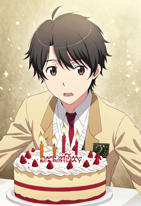 high resolution, solo, best quality, 1Boy, Inaho Kaizuka, Black Hair, Brown Eyes, surprise, birthday surprise, birthday cake, birthday party, OverallDetail
