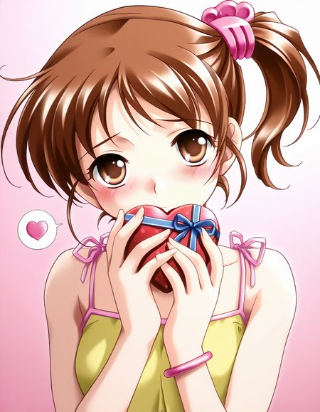 masterpiece, best quality, amazing quality, very aesthetic, official art, absurdres, ultra detailed, game cg, 
1girl, solo, okamoto_yuuri, brown hair, brown eyes, side ponytail, short hair BREAK 
yellow camisole, bracelet, blue shorts, lovestruck, blush, head tilt, looking at viewer, spoken heart, standing, holding heart gift, hand over own mouth, gradient background, pink background, front view, upper body, ultra detailed, best hands <lora:okamoto yuuri v1.0-000014:1>